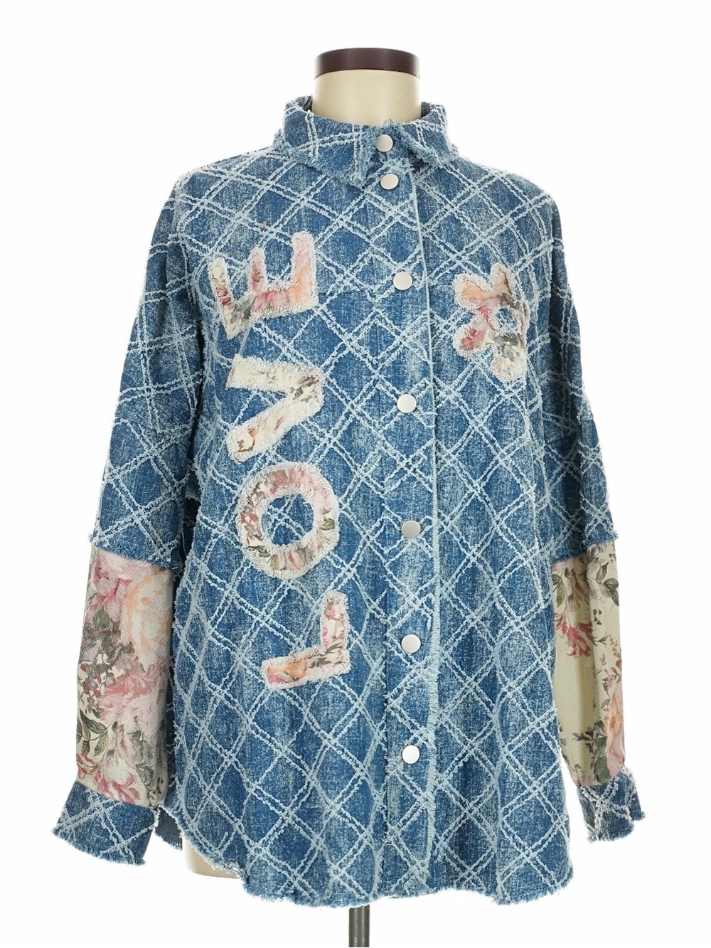 Bibi distressed diamond pattern Shacket denim with Floral Accents